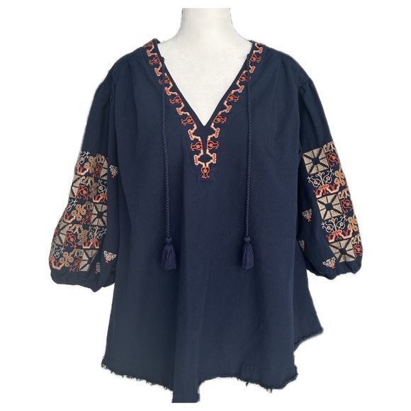 Free People Blue Puff Sleeve Embroidered Blouse - Picture 2 of 5